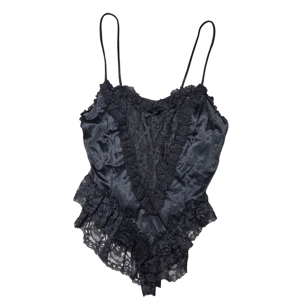 First Lady Vtg Black Lace Ruffle Satin Cami Tank Top Medium Dark Romantic Goth